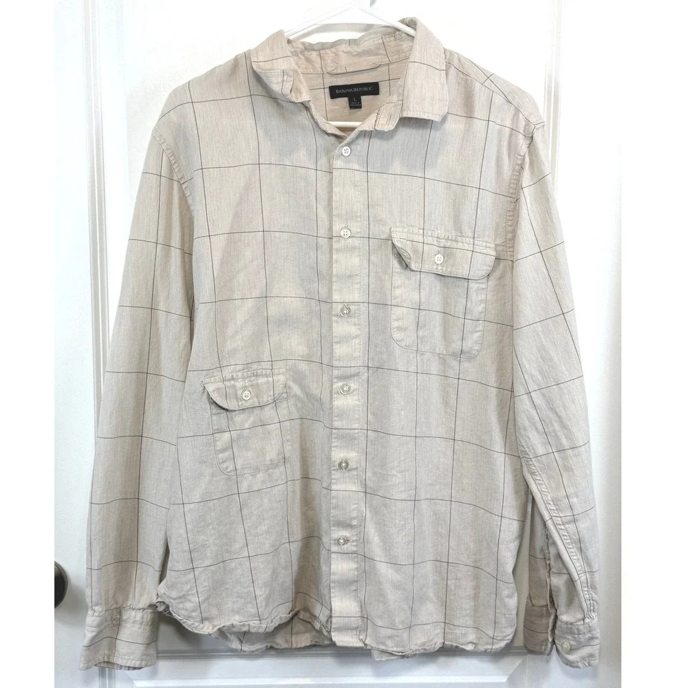 Banana Republic Men's Beige Windowpane Check Shirt‎ L Cotton Tencel Workwear
